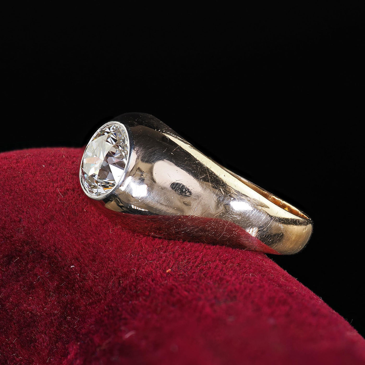 Vintage Retro 14K Yellow Gold Old Cut Diamond Flush Set Engagement Ring - GIA