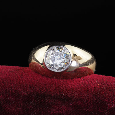 Vintage Retro 14K Yellow Gold Old Cut Diamond Flush Set Engagement Ring - GIA