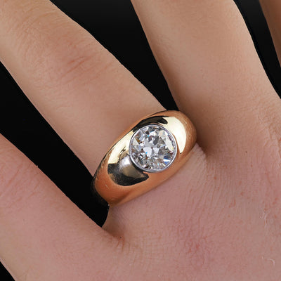 Vintage Retro 14K Yellow Gold Old Cut Diamond Flush Set Engagement Ring - GIA