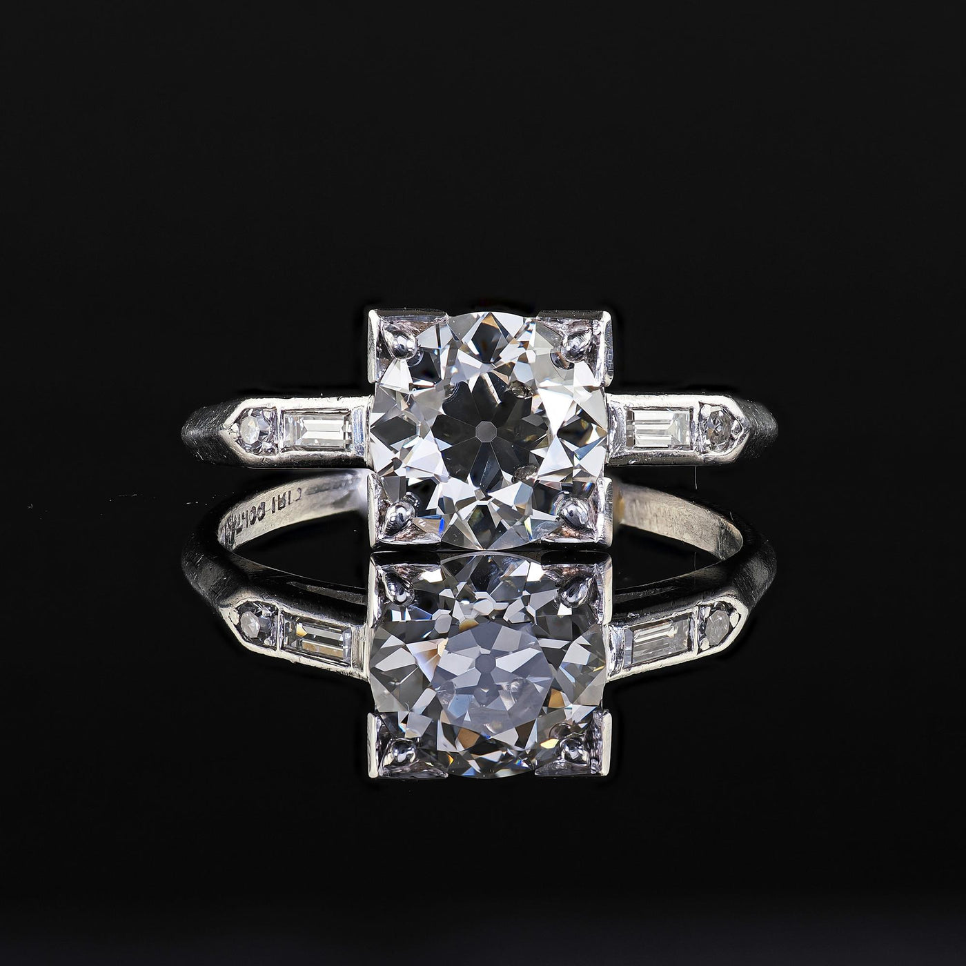 Antique Art Deco Platinum Old European Diamond Baguette Engagement Ring - GIA