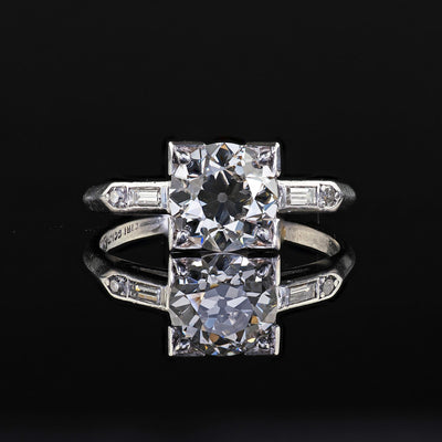 Antique Art Deco Platinum Old European Diamond Baguette Engagement Ring - GIA