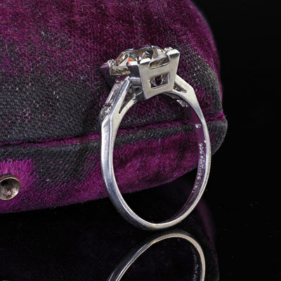 Antique Art Deco Platinum Old European Diamond Baguette Engagement Ring - GIA