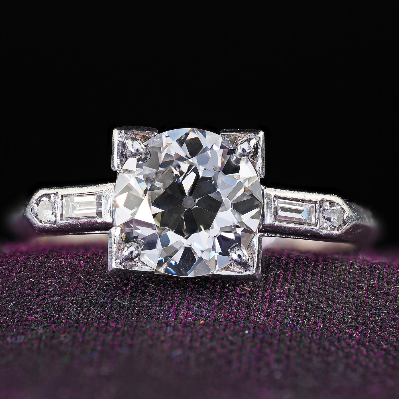 Antique Art Deco Platinum Old European Diamond Baguette Engagement Ring - GIA
