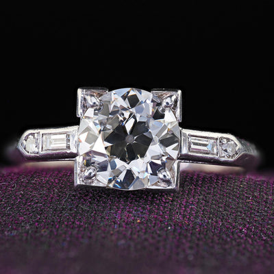 Antique Art Deco Platinum Old European Diamond Baguette Engagement Ring - GIA