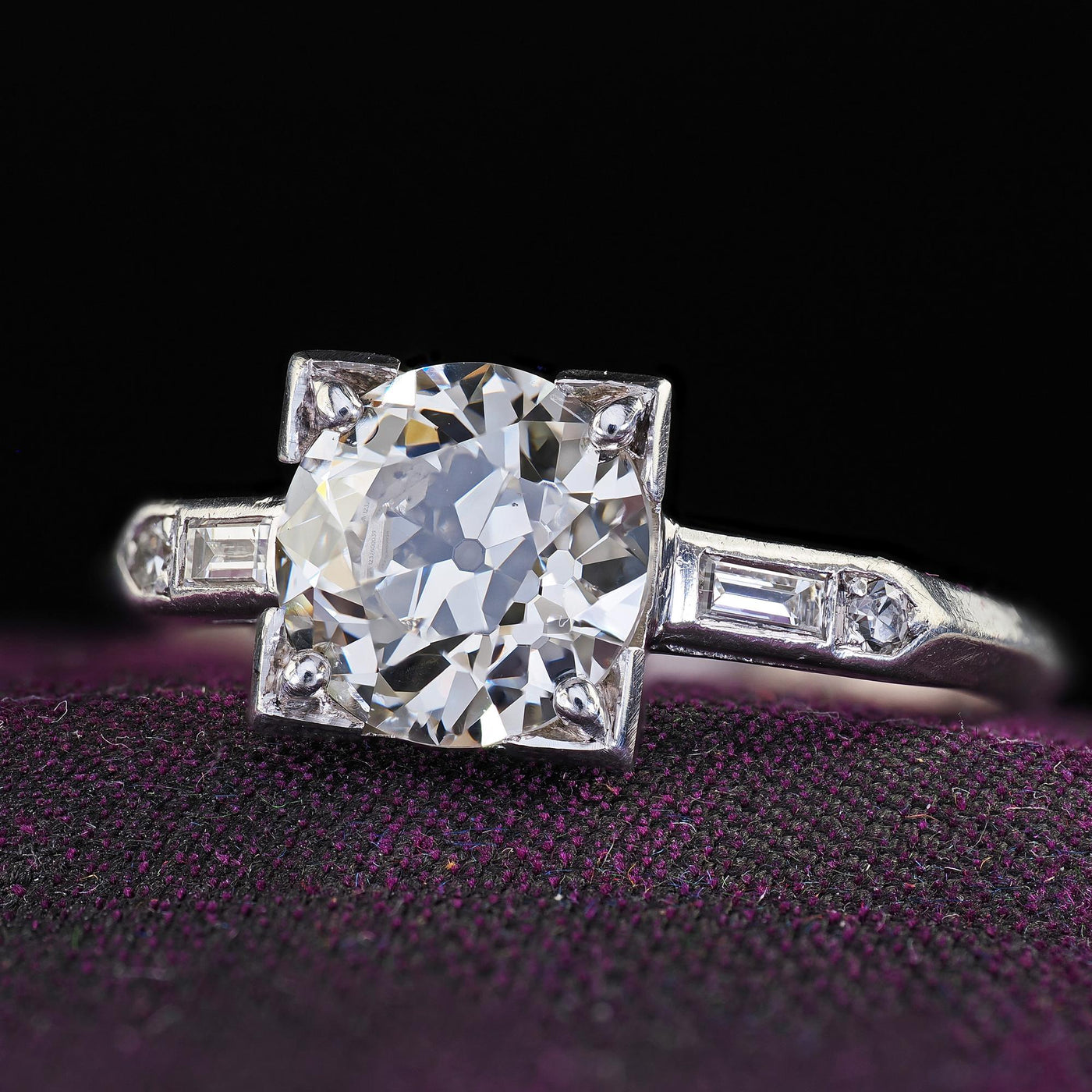 Antique Art Deco Platinum Old European Diamond Baguette Engagement Ring - GIA