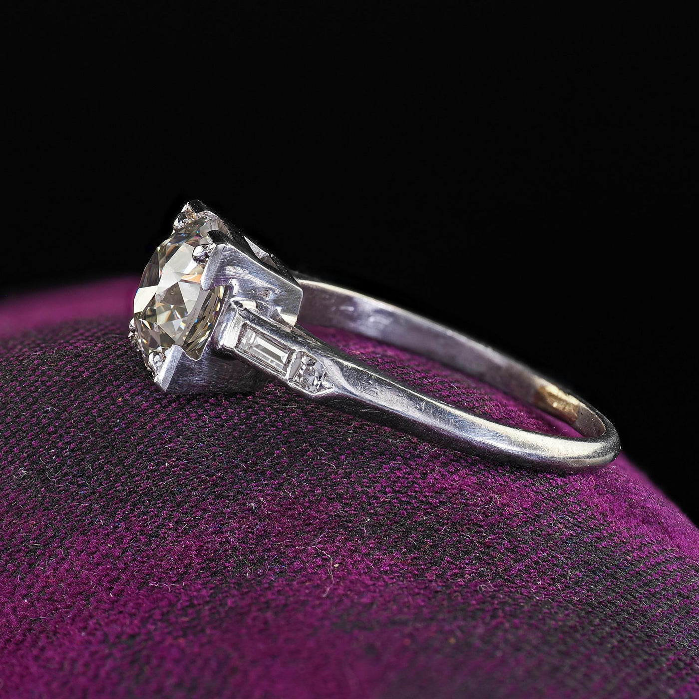 Antique Art Deco Platinum Old European Diamond Baguette Engagement Ring - GIA