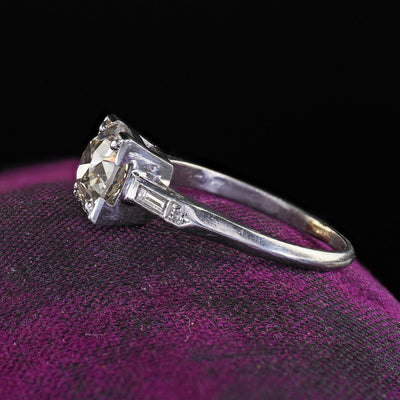 Antique Art Deco Platinum Old European Diamond Baguette Engagement Ring - GIA