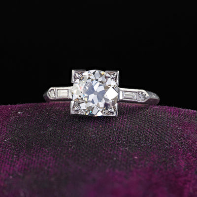 Antique Art Deco Platinum Old European Diamond Baguette Engagement Ring - GIA