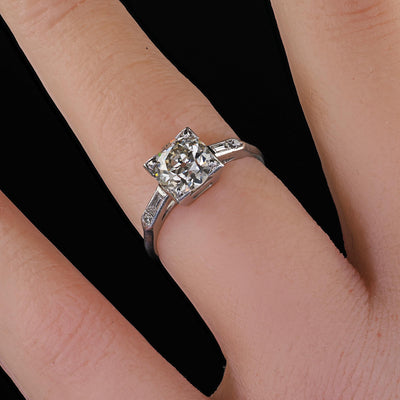 Antique Art Deco Platinum Old European Diamond Baguette Engagement Ring - GIA