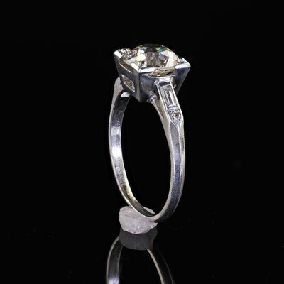 Antique Art Deco Platinum Old European Diamond Baguette Engagement Ring - GIA