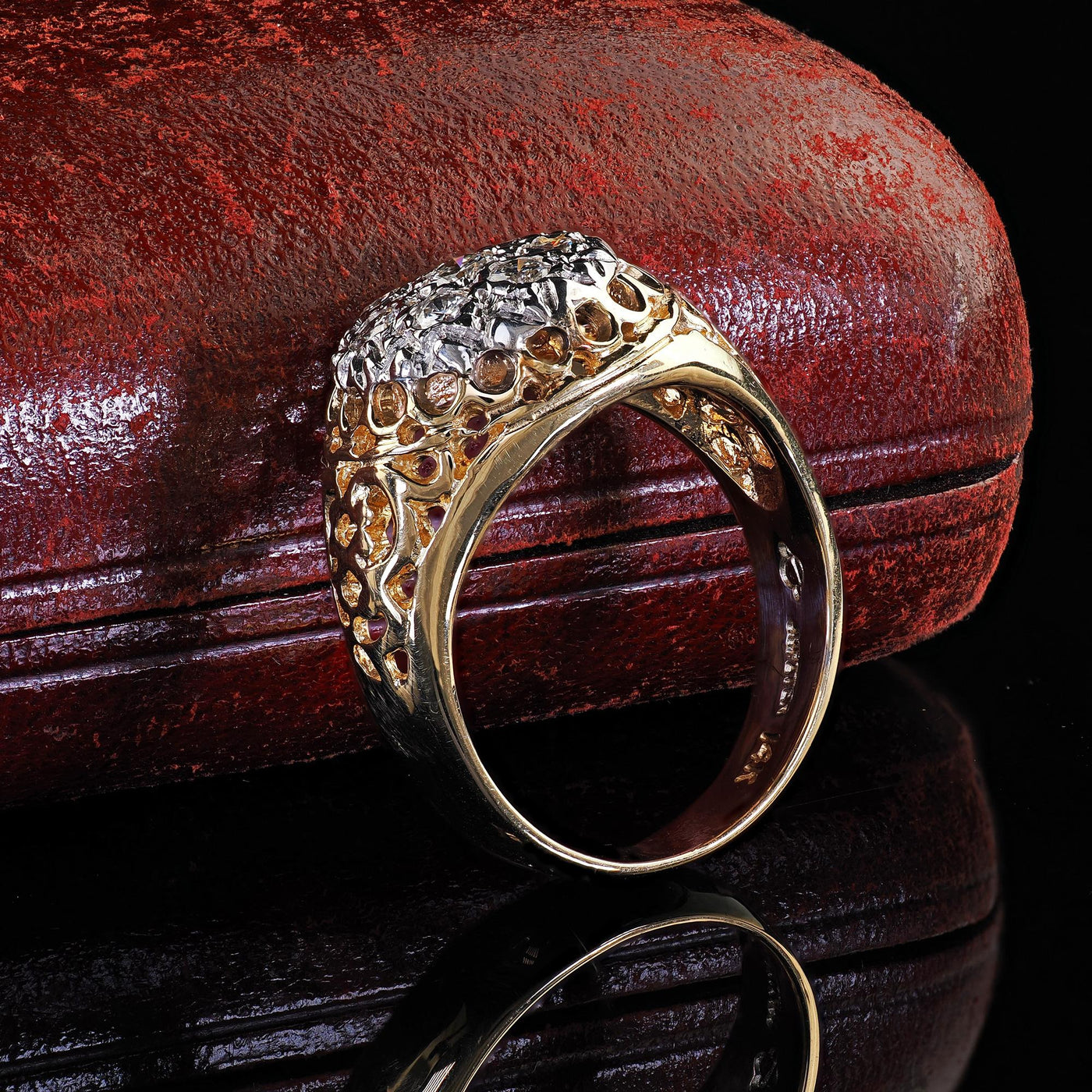 Vintage Estate 14K Two Tone Gold Round Cut Diamond Cluster Cocktail Ring
