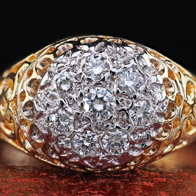 Vintage Estate 14K Two Tone Gold Round Cut Diamond Cluster Cocktail Ring