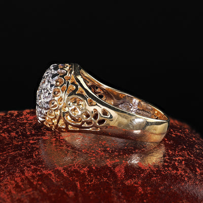 Vintage Estate 14K Two Tone Gold Round Cut Diamond Cluster Cocktail Ring