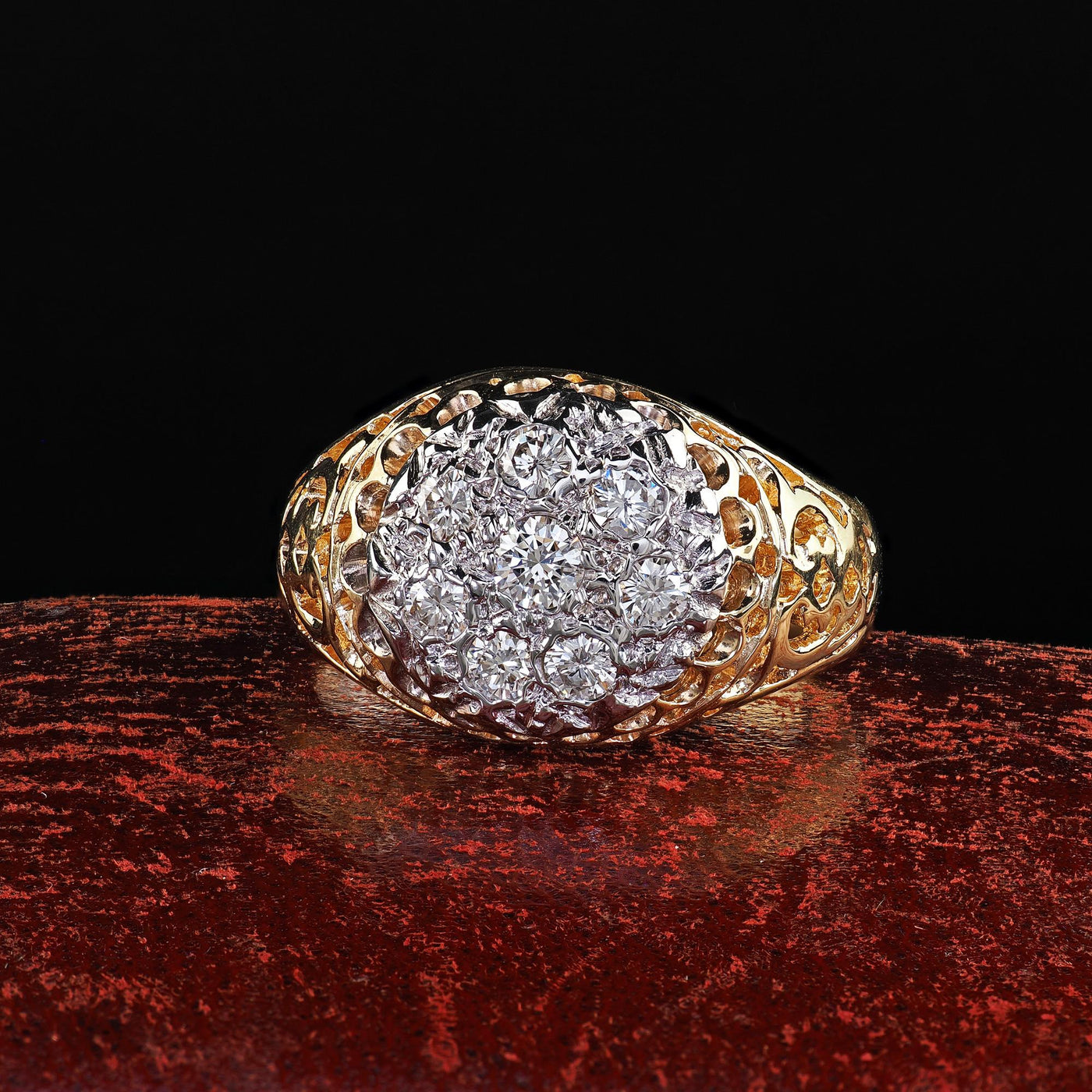 Vintage Estate 14K Two Tone Gold Round Cut Diamond Cluster Cocktail Ring