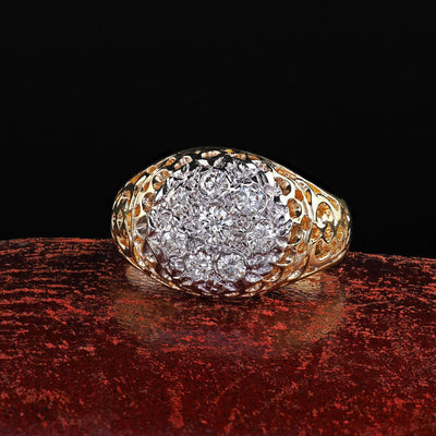 Vintage Estate 14K Two Tone Gold Round Cut Diamond Cluster Cocktail Ring