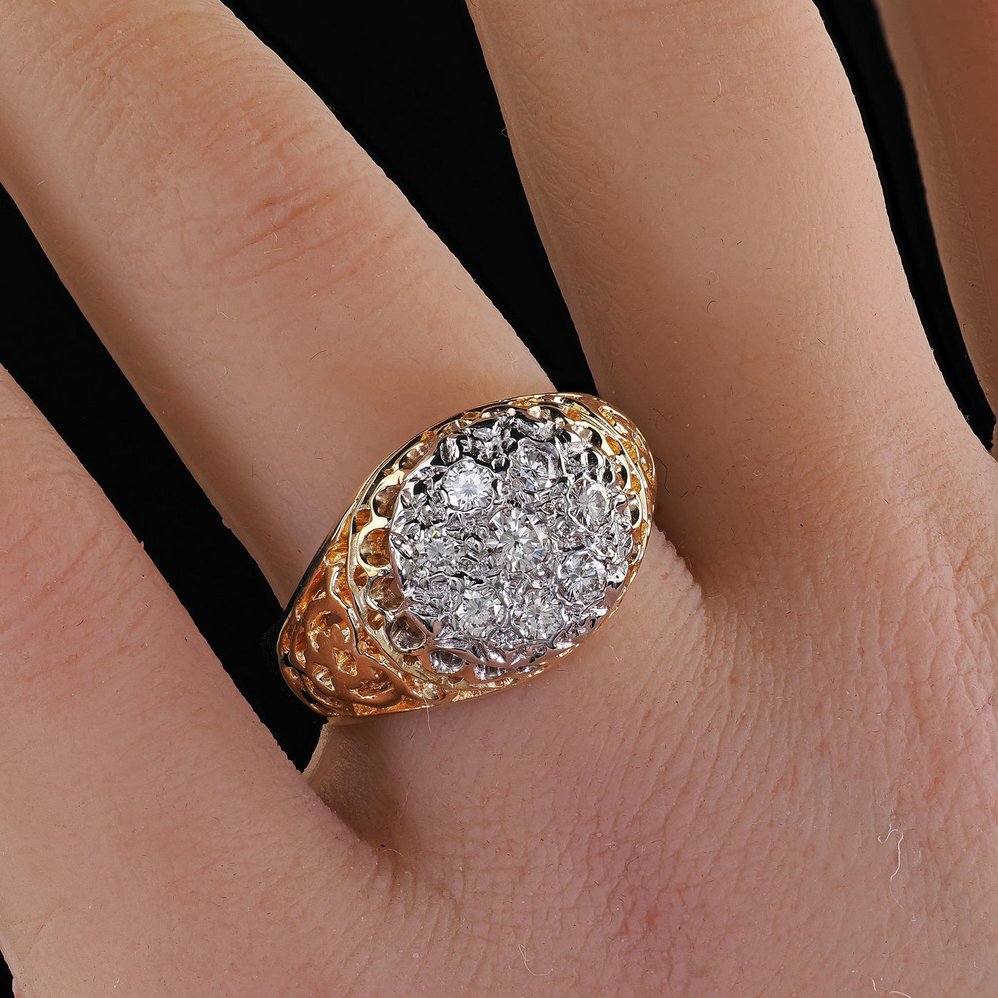 Vintage Estate 14K Two Tone Gold Round Cut Diamond Cluster Cocktail Ring