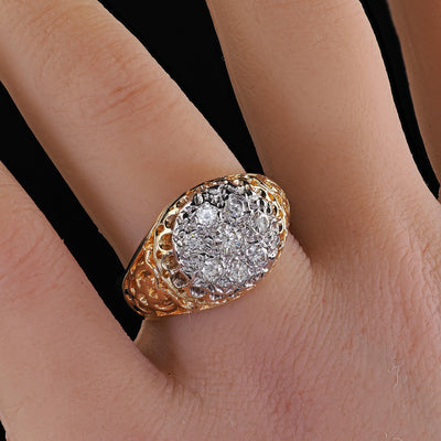 Vintage Estate 14K Two Tone Gold Round Cut Diamond Cluster Cocktail Ring