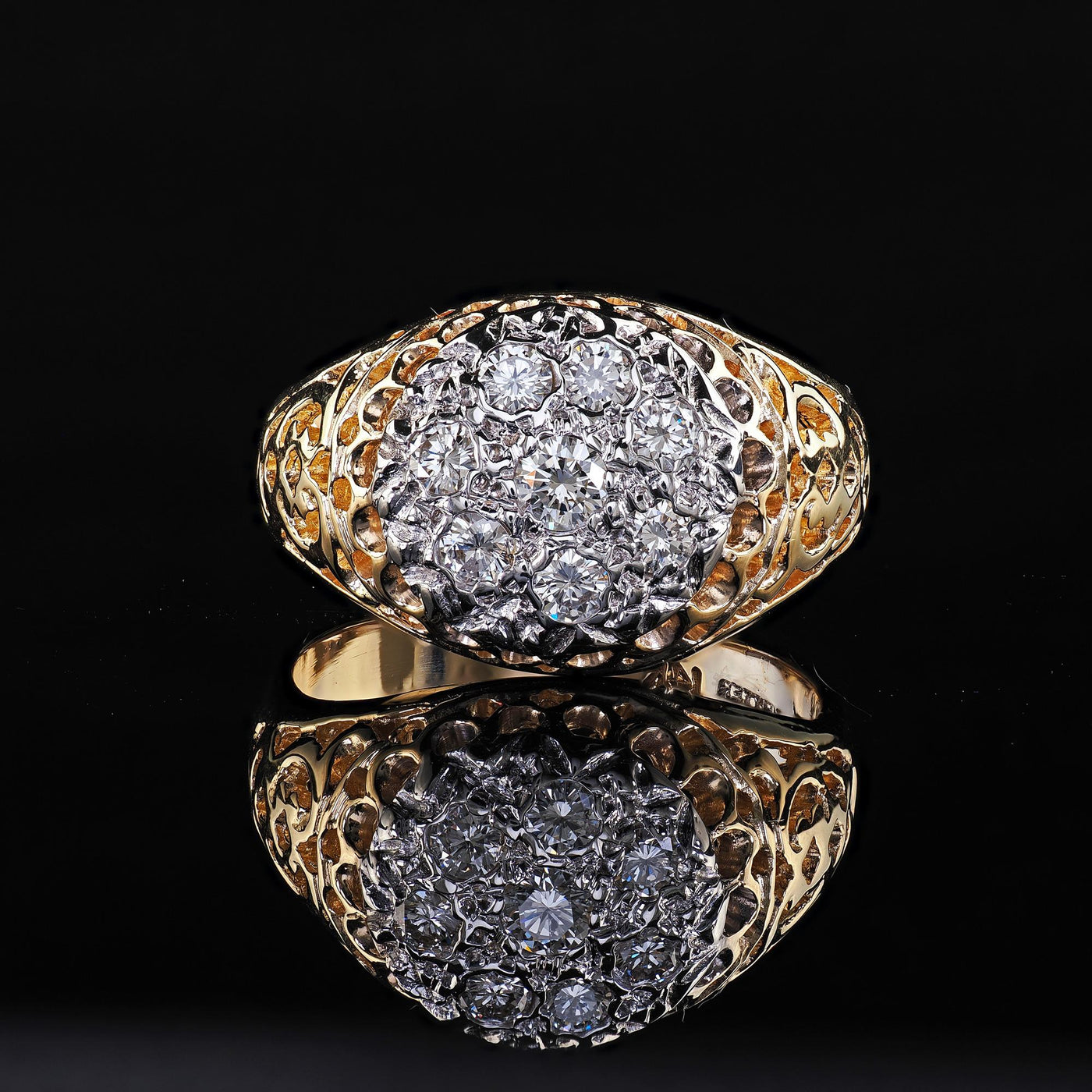 Vintage Estate 14K Two Tone Gold Round Cut Diamond Cluster Cocktail Ring