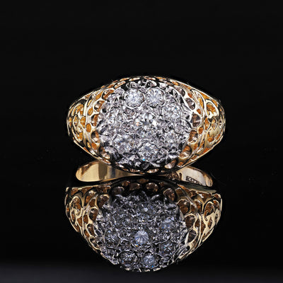 Vintage Estate 14K Two Tone Gold Round Cut Diamond Cluster Cocktail Ring