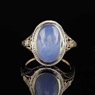 Antique Art Deco 14K Yellow Gold Natural Cabochon Star Sapphire Filigree Ring