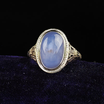 Antique Art Deco 14K Yellow Gold Natural Cabochon Star Sapphire Filigree Ring