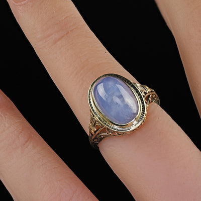 Antique Art Deco 14K Yellow Gold Natural Cabochon Star Sapphire Filigree Ring