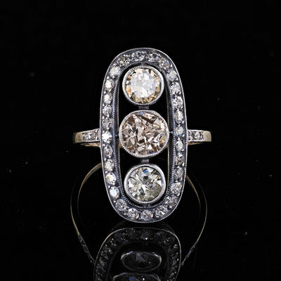 Antique Polish Art Deco 14K Gold Silver Old European Diamond Three Stone Ring