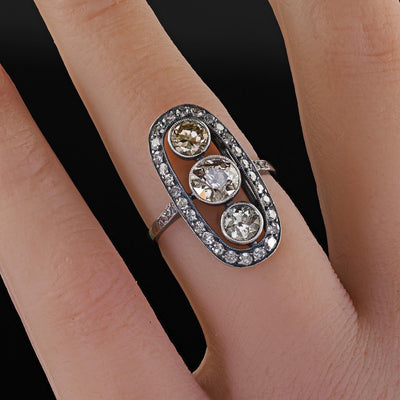 Antique Polish Art Deco 14K Gold Silver Old European Diamond Three Stone Ring