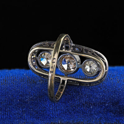 Antique Polish Art Deco 14K Gold Silver Old European Diamond Three Stone Ring