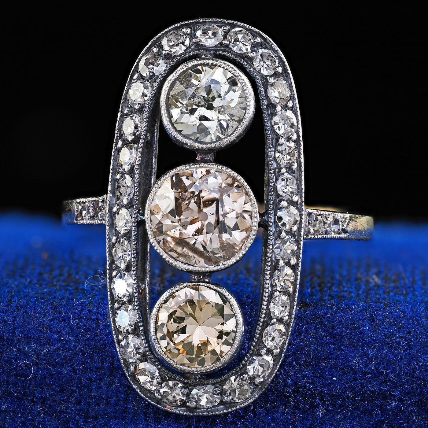 Antique Polish Art Deco 14K Gold Silver Old European Diamond Three Stone Ring