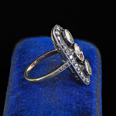 Antique Polish Art Deco 14K Gold Silver Old European Diamond Three Stone Ring
