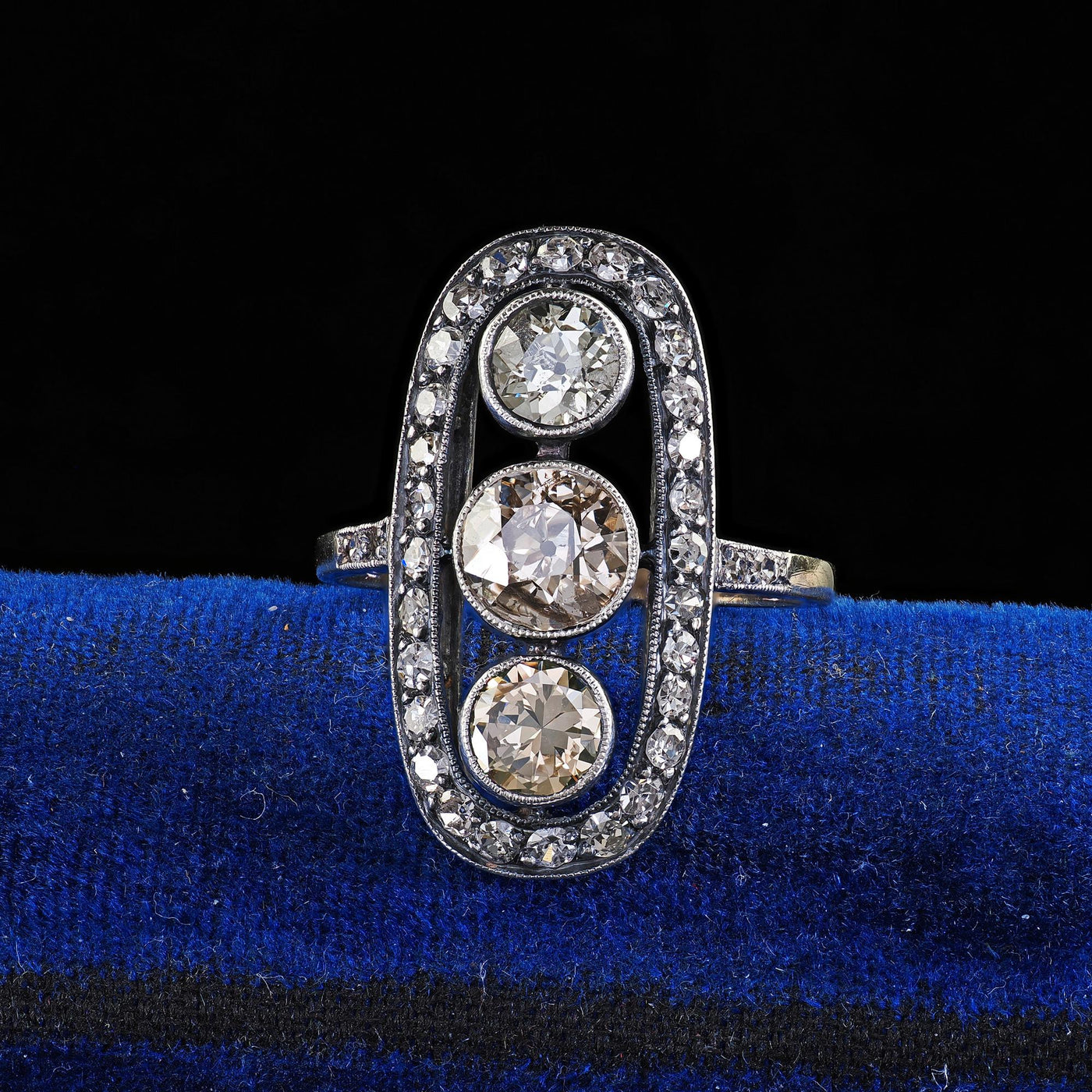 Antique Polish Art Deco 14K Gold Silver Old European Diamond Three Stone Ring