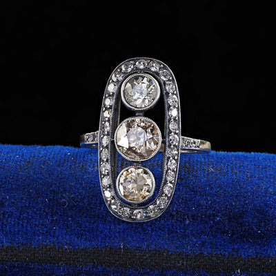 Antique Polish Art Deco 14K Gold Silver Old European Diamond Three Stone Ring