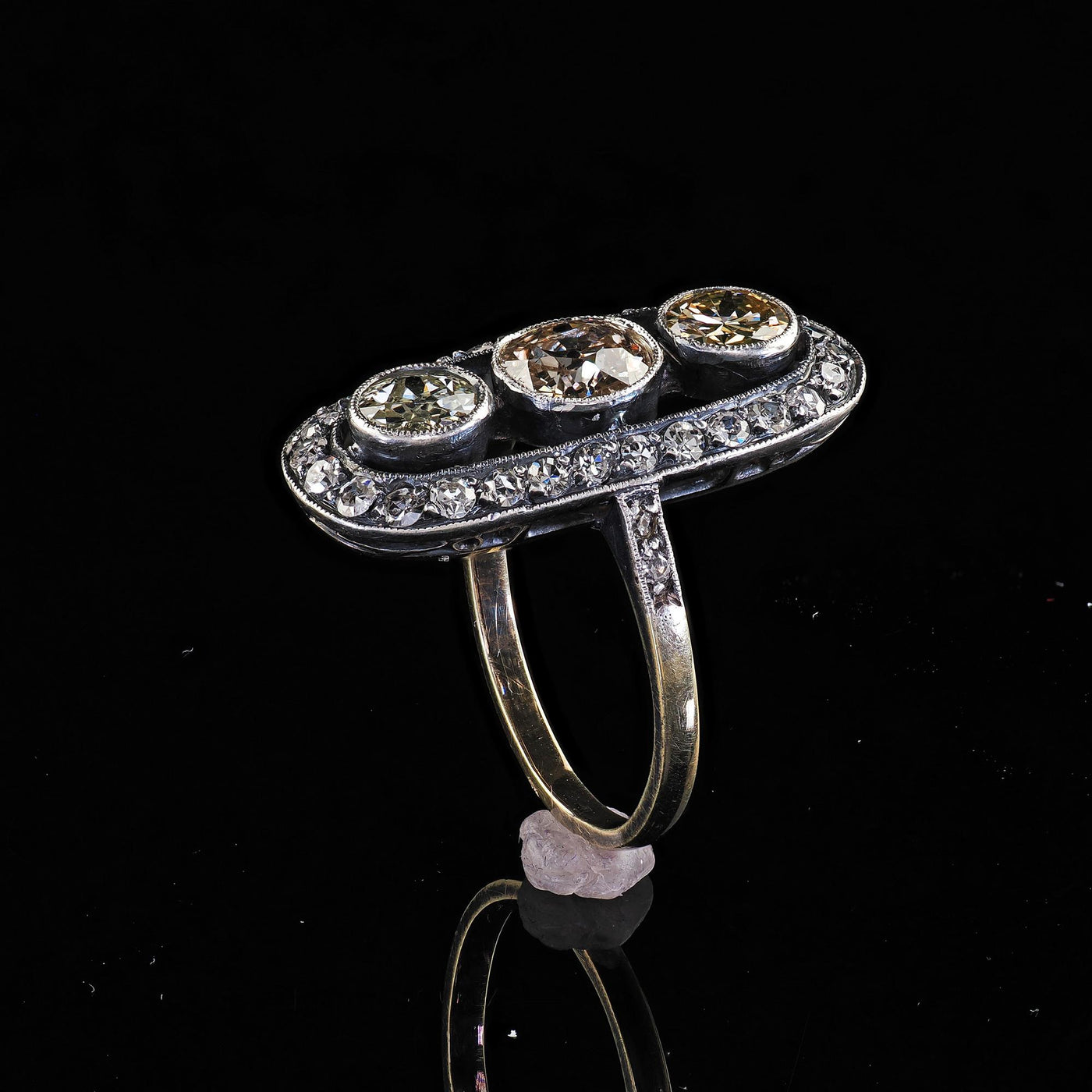 Antique Polish Art Deco 14K Gold Silver Old European Diamond Three Stone Ring