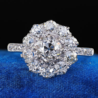Antique Art Deco Platinum Old Mine Diamond Cluster Halo Engagement Ring