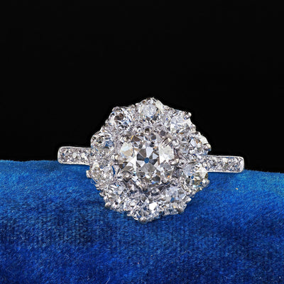 Antique Art Deco Platinum Old Mine Diamond Cluster Halo Engagement Ring