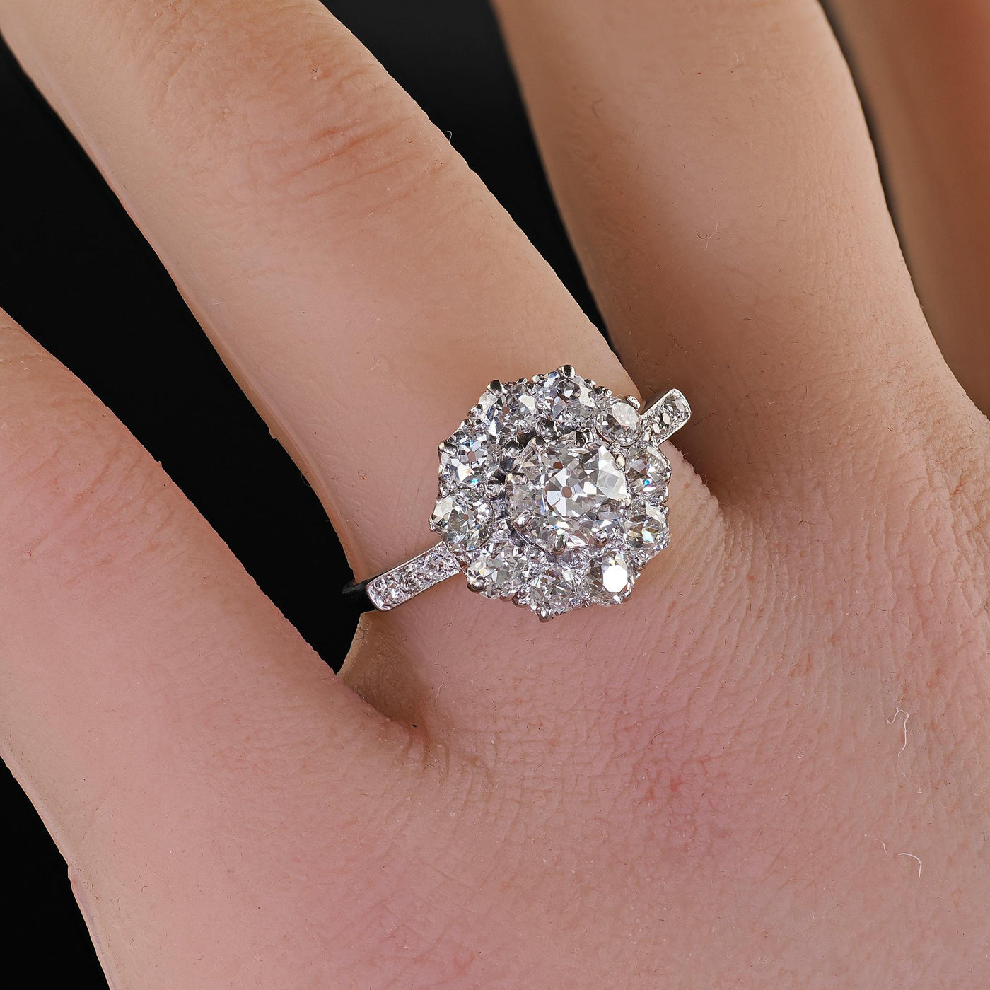 Antique Art Deco Platinum Old Mine Diamond Cluster Halo Engagement Ring