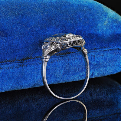 Antique Art Deco Platinum Emerald French Cut Diamond Halo Engagement Ring - GIA
