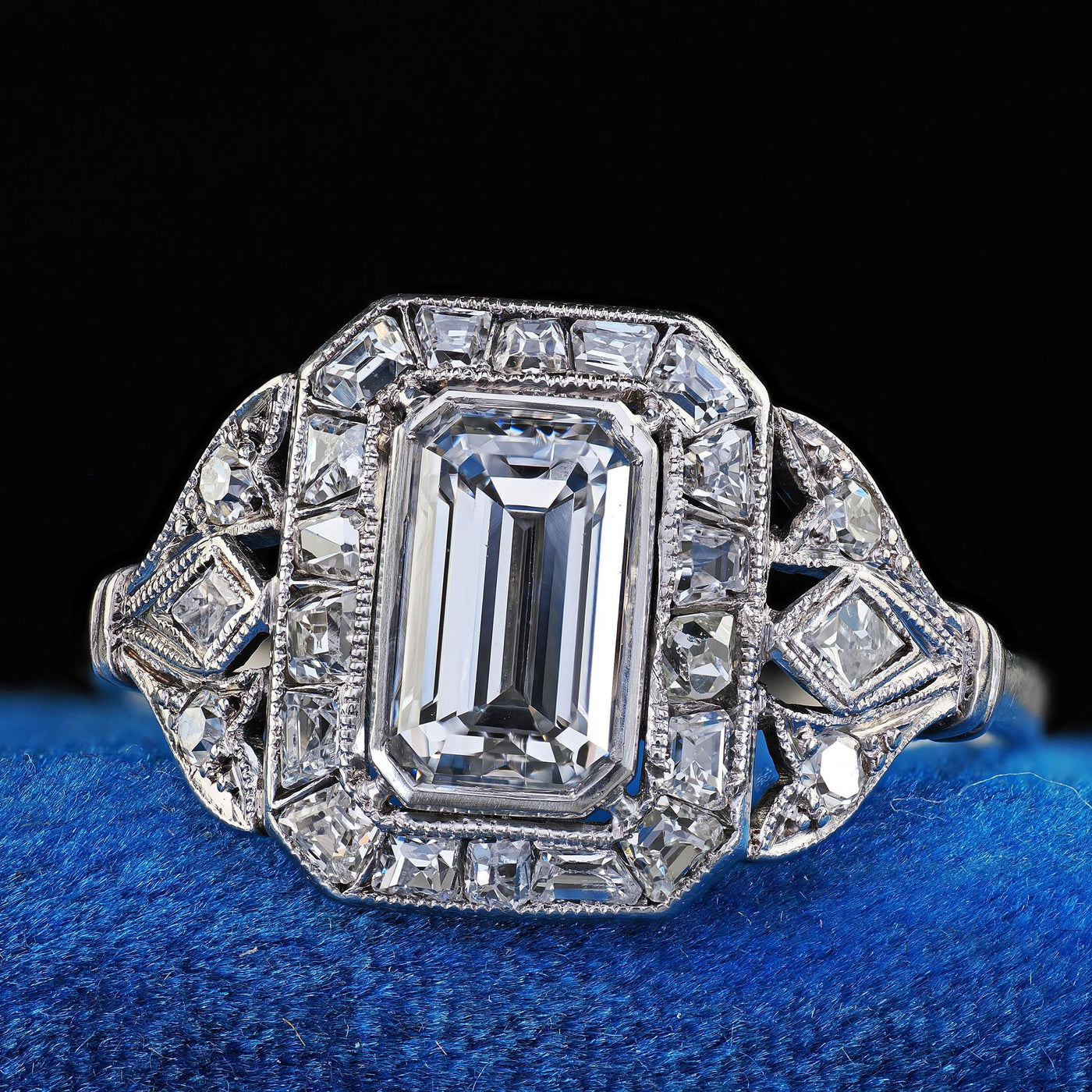 Antique Art Deco Platinum Emerald French Cut Diamond Halo Engagement Ring - GIA