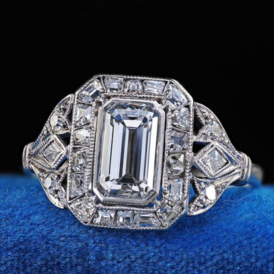 Antique Art Deco Platinum Emerald French Cut Diamond Halo Engagement Ring - GIA