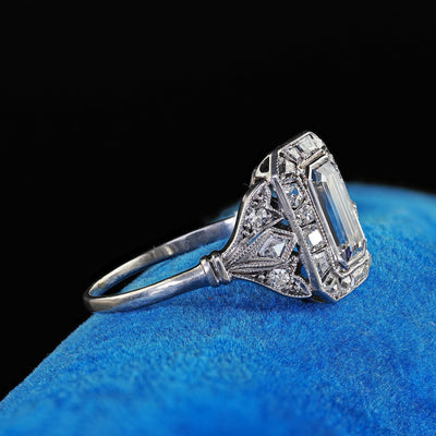 Antique Art Deco Platinum Emerald French Cut Diamond Halo Engagement Ring - GIA