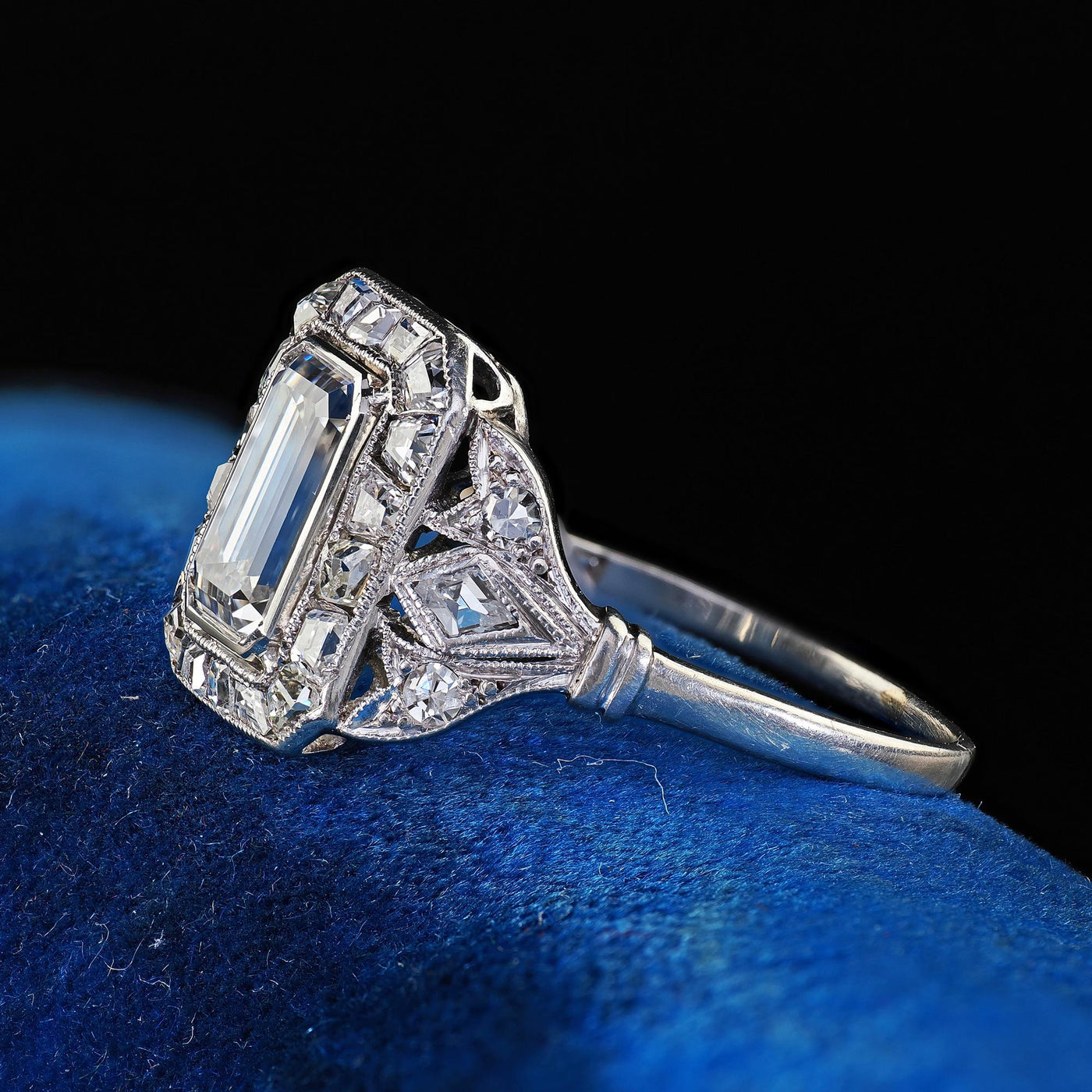 Antique Art Deco Platinum Emerald French Cut Diamond Halo Engagement Ring - GIA