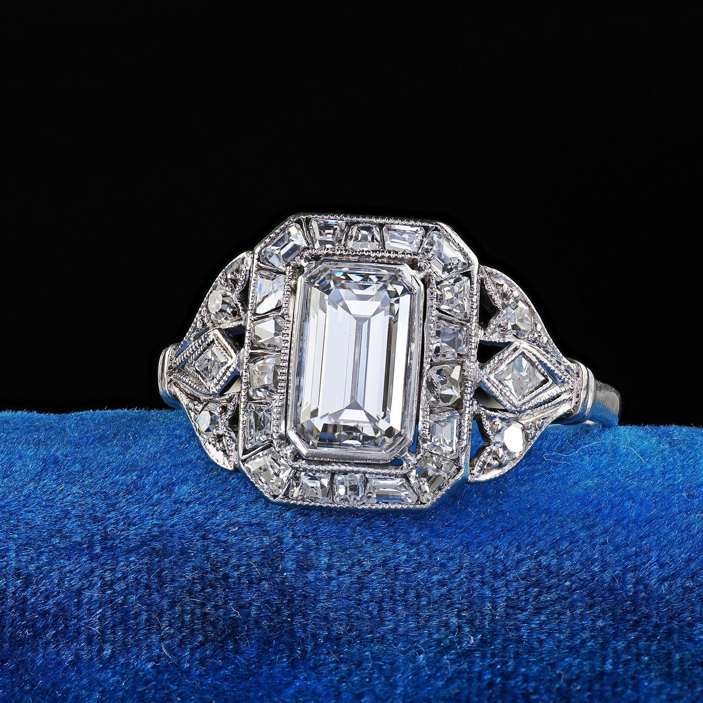 Antique Art Deco Platinum Emerald French Cut Diamond Halo Engagement Ring - GIA