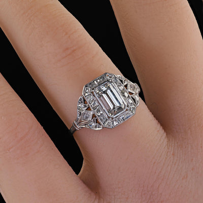 Antique Art Deco Platinum Emerald French Cut Diamond Halo Engagement Ring - GIA