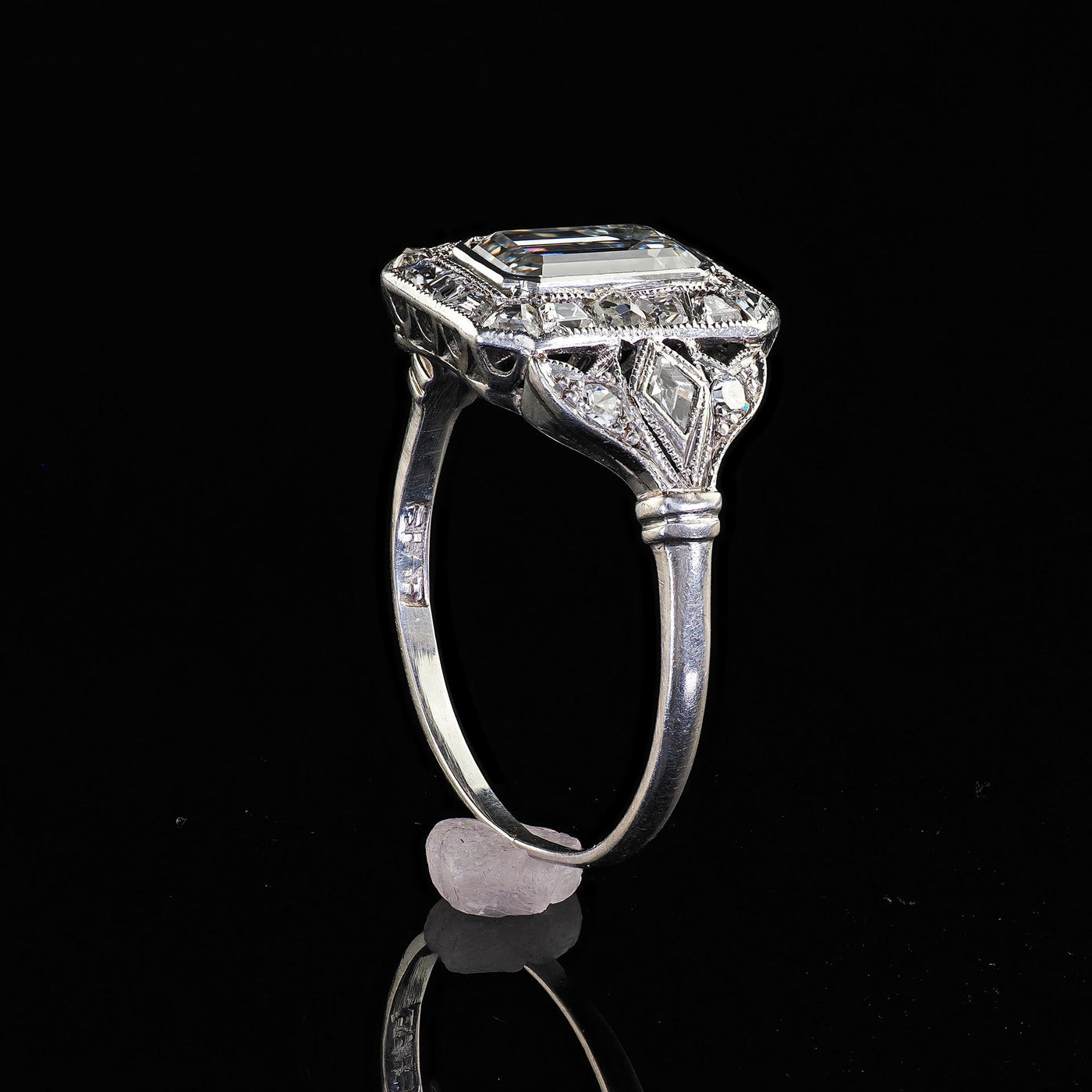 Antique Art Deco Platinum Emerald French Cut Diamond Halo Engagement Ring - GIA