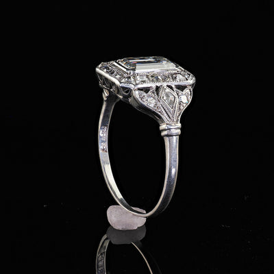 Antique Art Deco Platinum Emerald French Cut Diamond Halo Engagement Ring - GIA