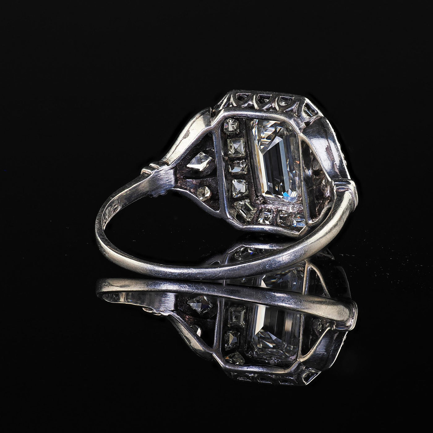 Antique Art Deco Platinum Emerald French Cut Diamond Halo Engagement Ring - GIA
