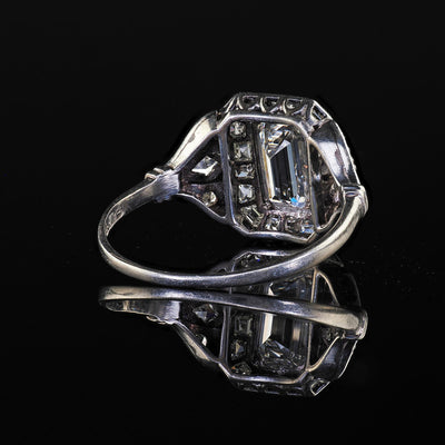 Antique Art Deco Platinum Emerald French Cut Diamond Halo Engagement Ring - GIA