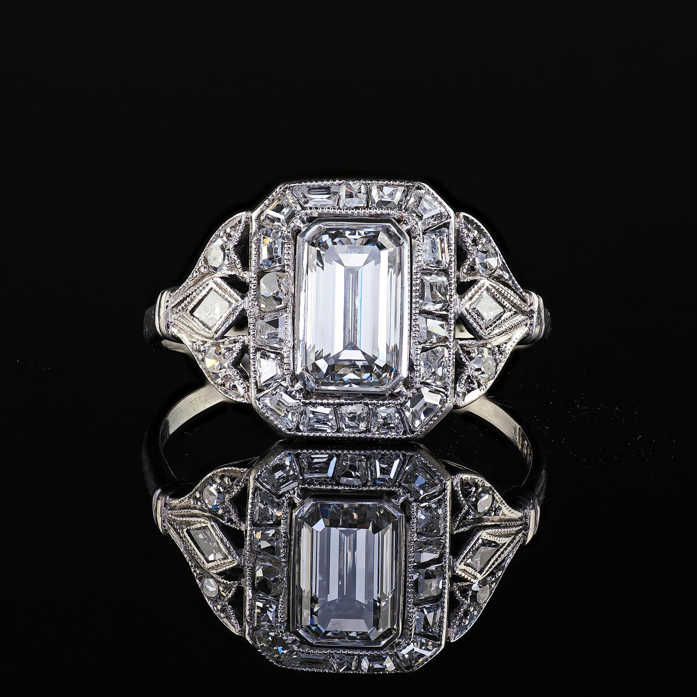 Antique Art Deco Platinum Emerald French Cut Diamond Halo Engagement Ring - GIA