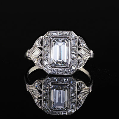 Antique Art Deco Platinum Emerald French Cut Diamond Halo Engagement Ring - GIA